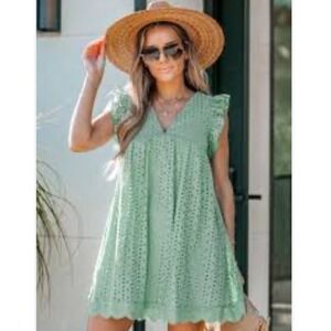 Mint Green Eyelet Ruffle Sleeve V-Neck Romper Dress/ w Shorts Scallop Hem Mini